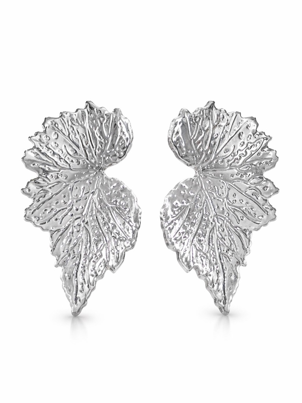 Silver Textured Leaf Statement Stud Earrings Botanical Vein Design - Picture 2 of 4